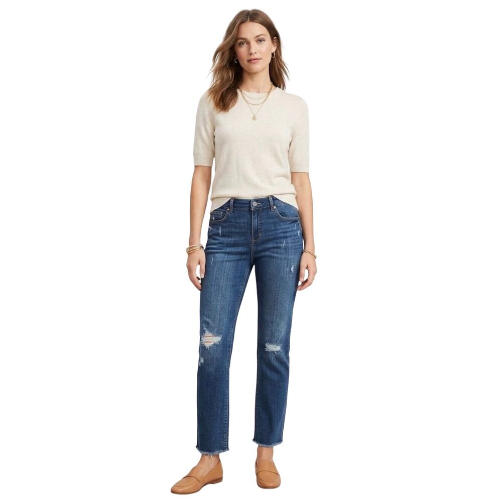 LOFT womens modern straight, distressed, medium wash jeans, some stretch, 31/12P